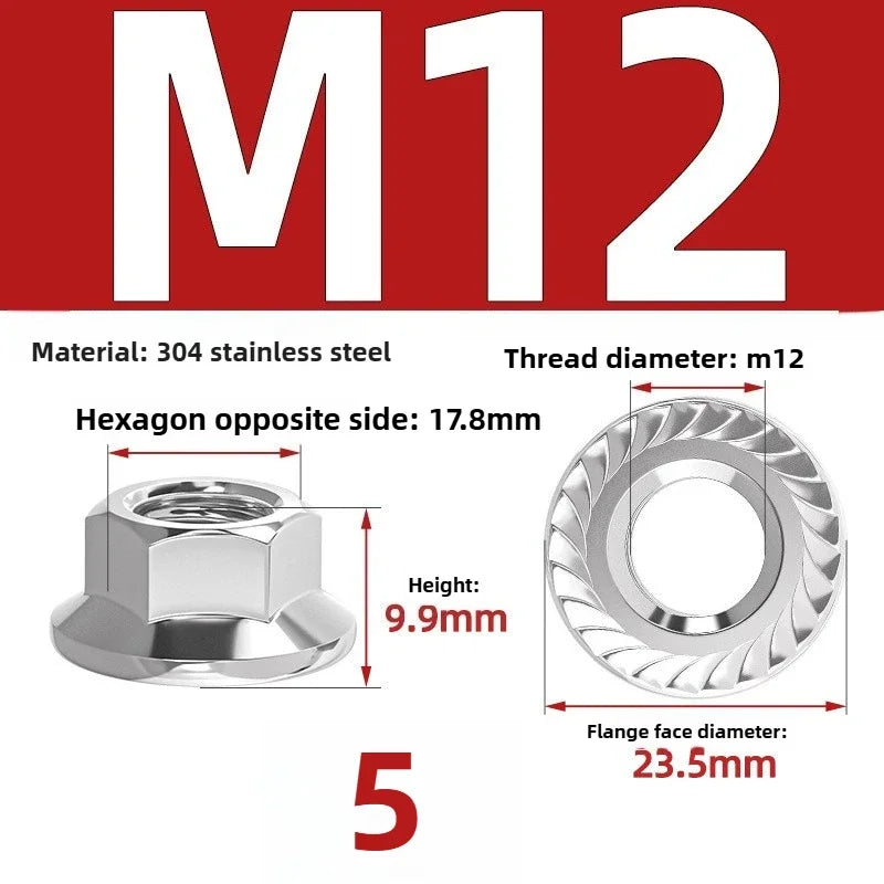 304 SS Hex Flange Nuts M3–M8 Anti-Loosening Serrated Hex Flange Nuts Richie's 304 M12 5pcs