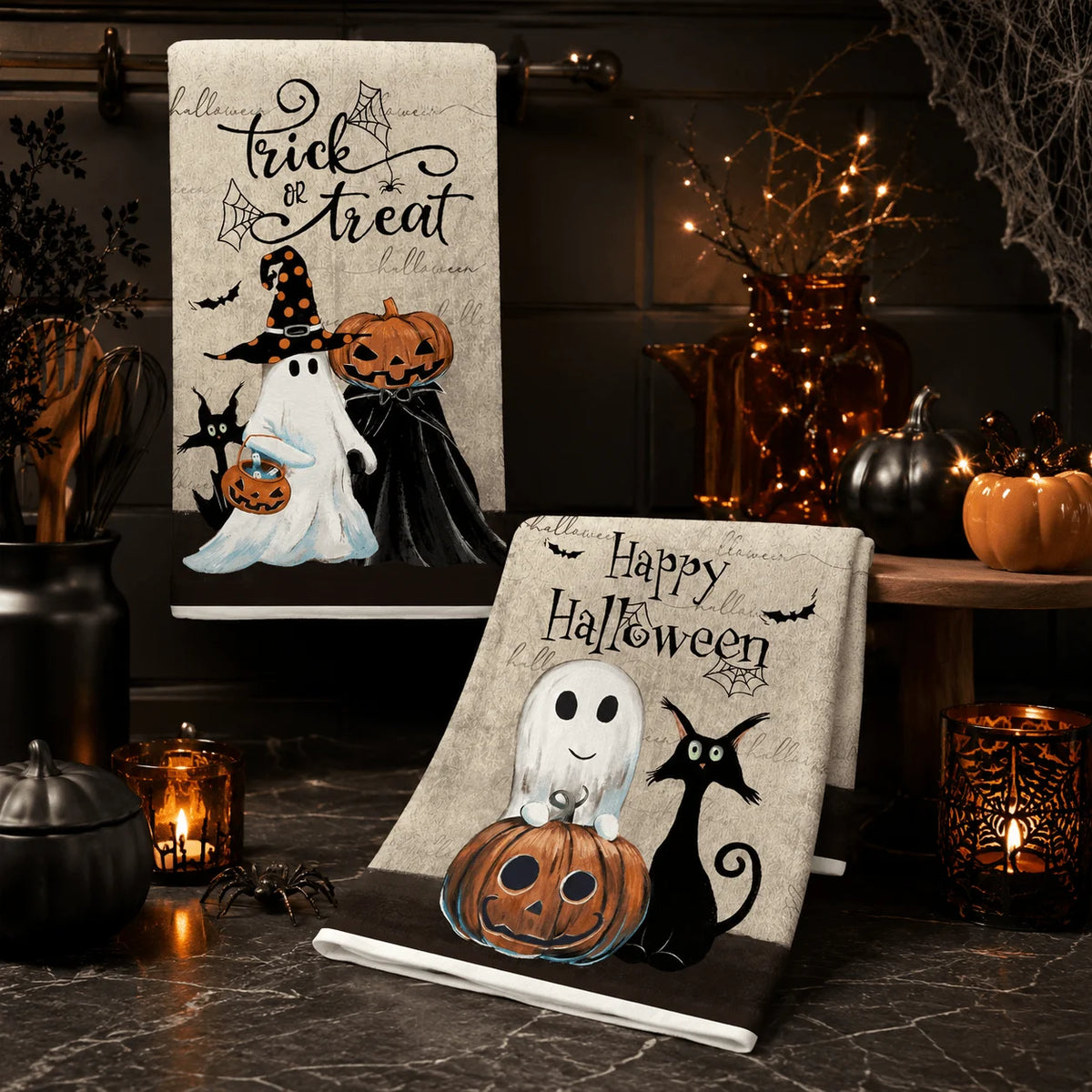 Halloween Kitchen Towel Set – Pumpkin & Black Cat Dishcloths 2pc Kitchen Towel Set Richie's