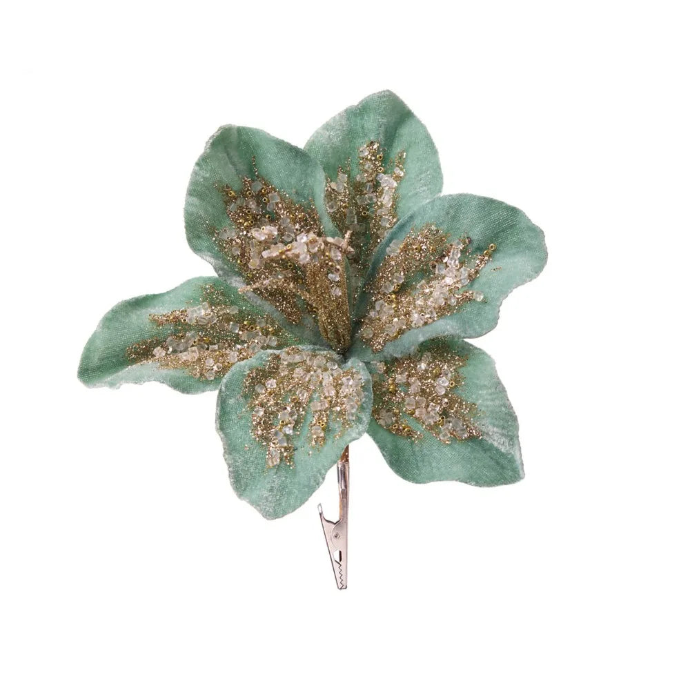 19cm Artificial Poinsettia Glitter Flower | Christmas Décor Artificial Christmas Flower Richie's Green