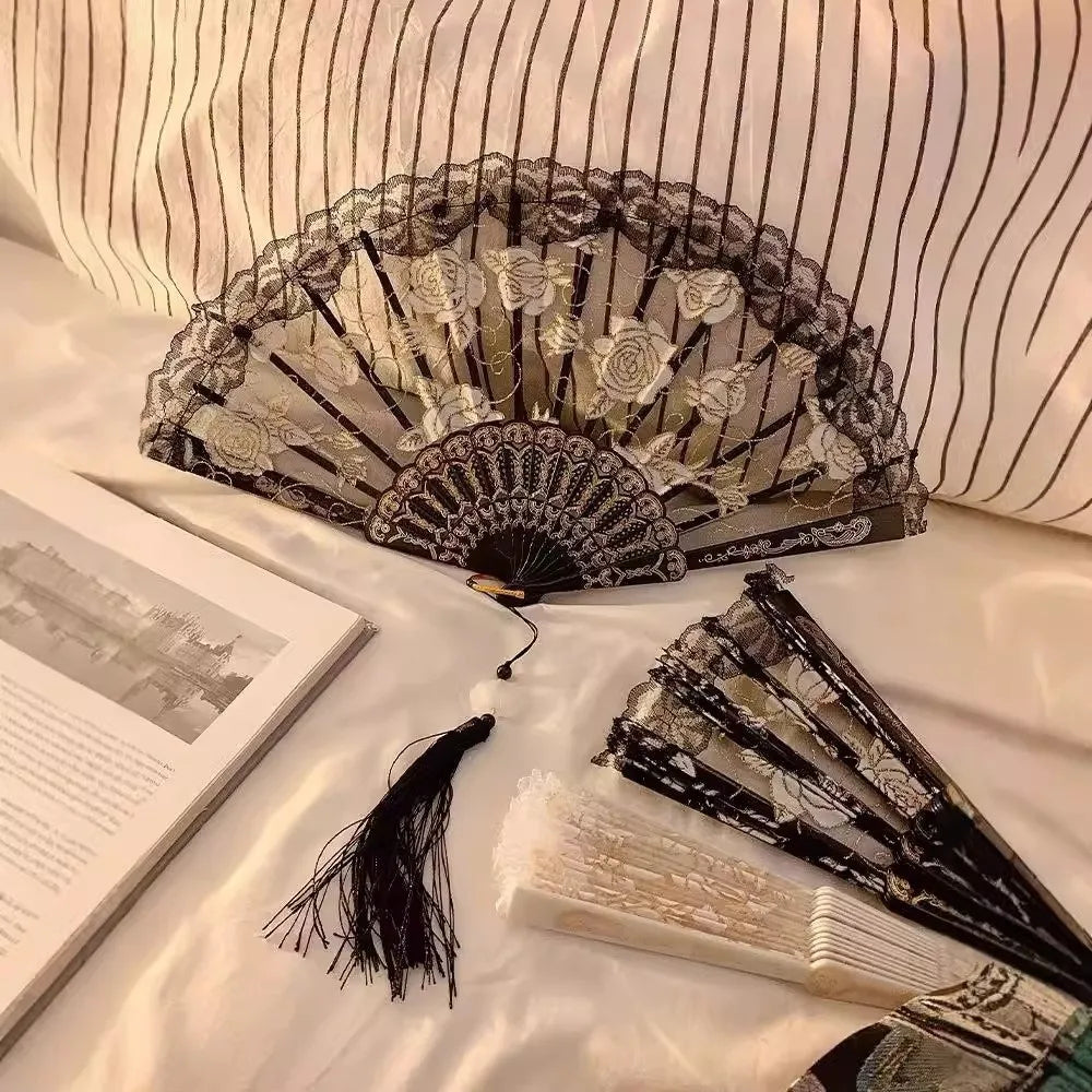 Floral Lace Foldable Hand Fan with Tassel – Dance & Party Decorative Hand Fan Richie's