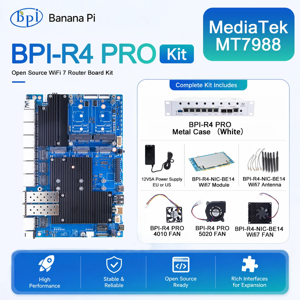 Banana Pi BPI-R4 PRO Router Board Set MT7988A Wi-Fi 7 8GB Router Board Kit Richie's EU Power 4GB RAM SET 8