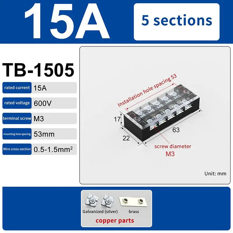 Dual Row Barrier Screw Terminal Block 15A 600V TB Series Screw Terminal Block Richie's TB1505