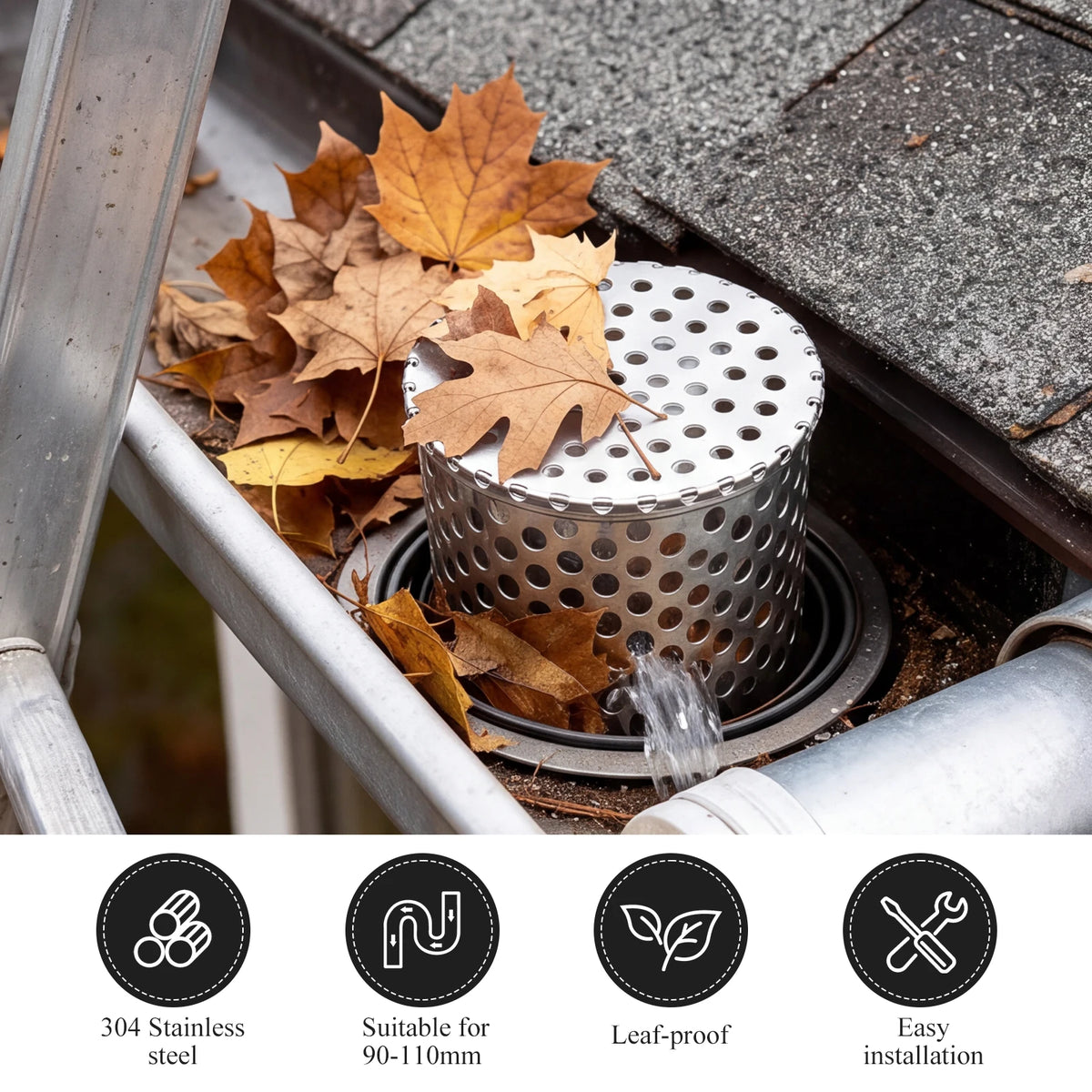 304 Stainless Steel Gutter Leaf Guard Downspout Strainer 90–110mm Gutter Downspout Strainer Richie's