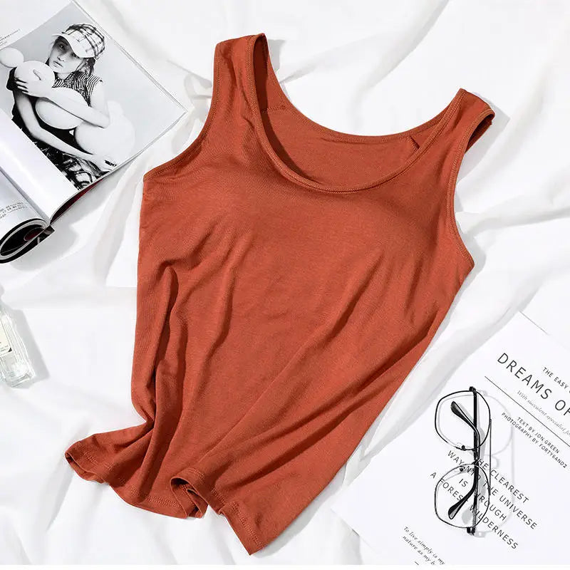 Women's Tank Top with Built-In Padded Bra – Slim Fit Cami Women's Cami Vest Top Richie's caramel M