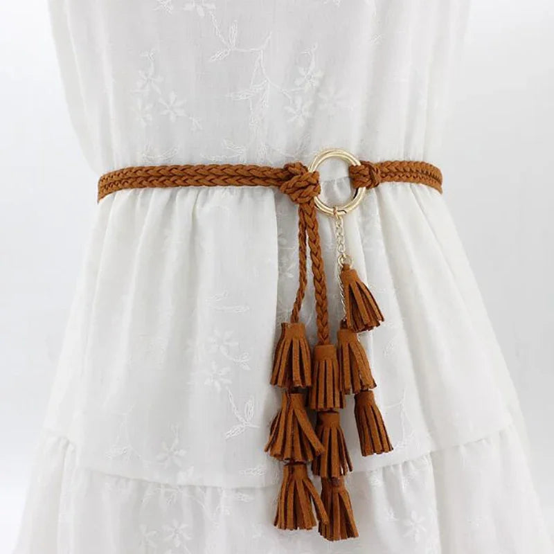 Women's Boho Braided Tassel Belt – Knit Waist Rope for Dresses Braided Waist Belt Richie's Light tan