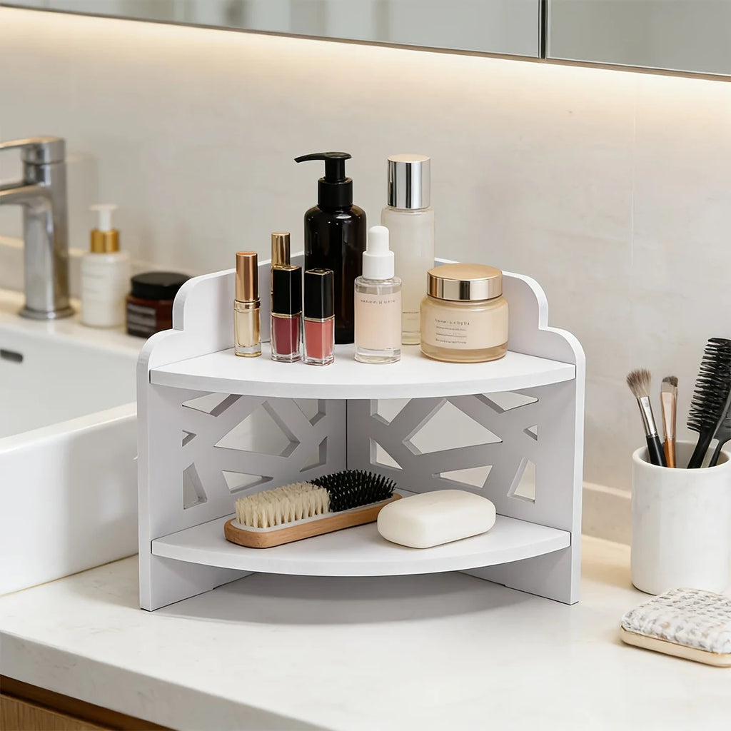 2-Tier White Corner Shelf – Bathroom Countertop Organizer Corner Storage Shelf Richie's