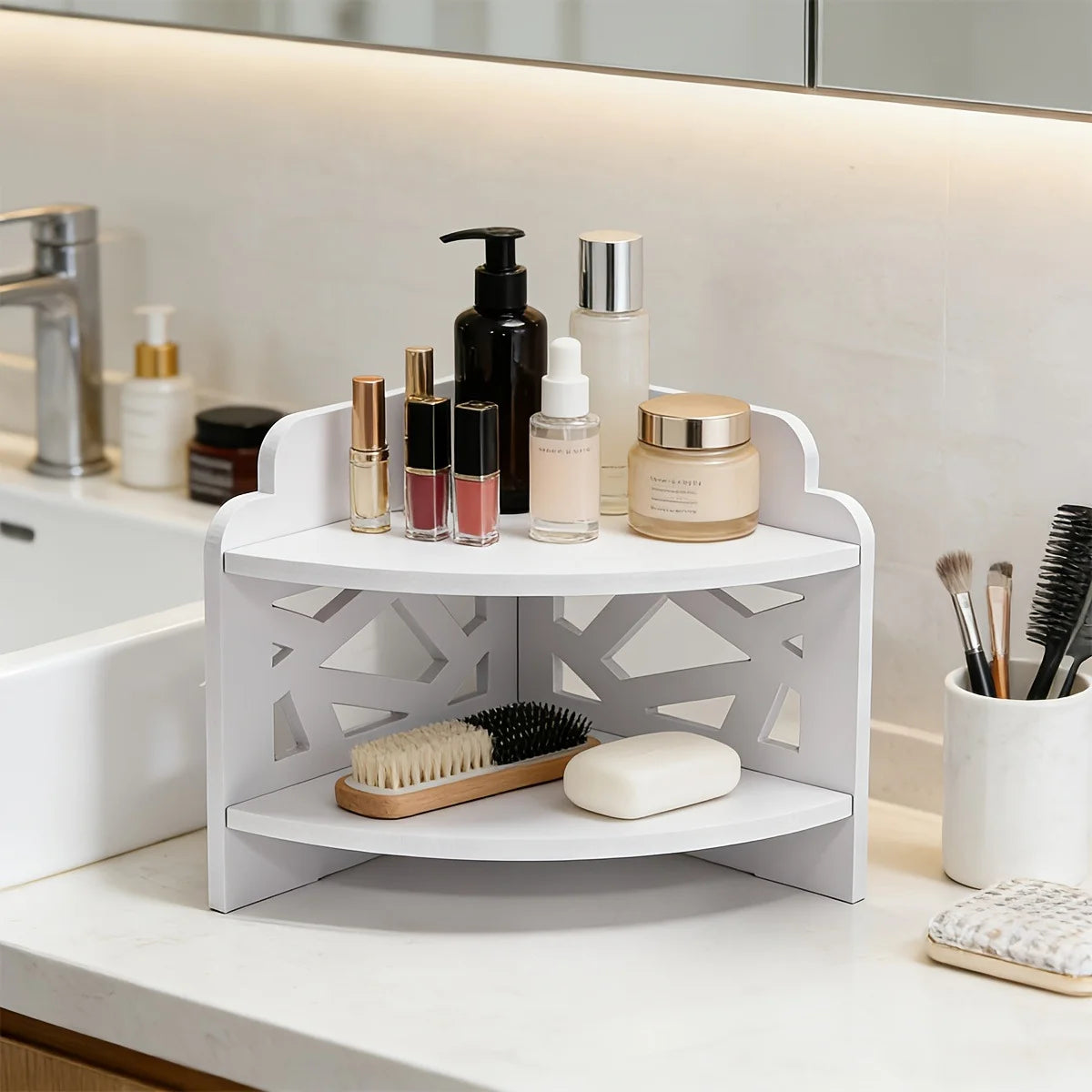 2-Tier White Corner Shelf – Bathroom Countertop Organizer Corner Storage Shelf Richie's