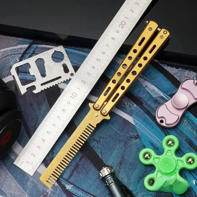 Butterfly Knife Practice Comb – Foldable Stainless Steel Beard Comb Butterfly Knife Comb Richie's Golden