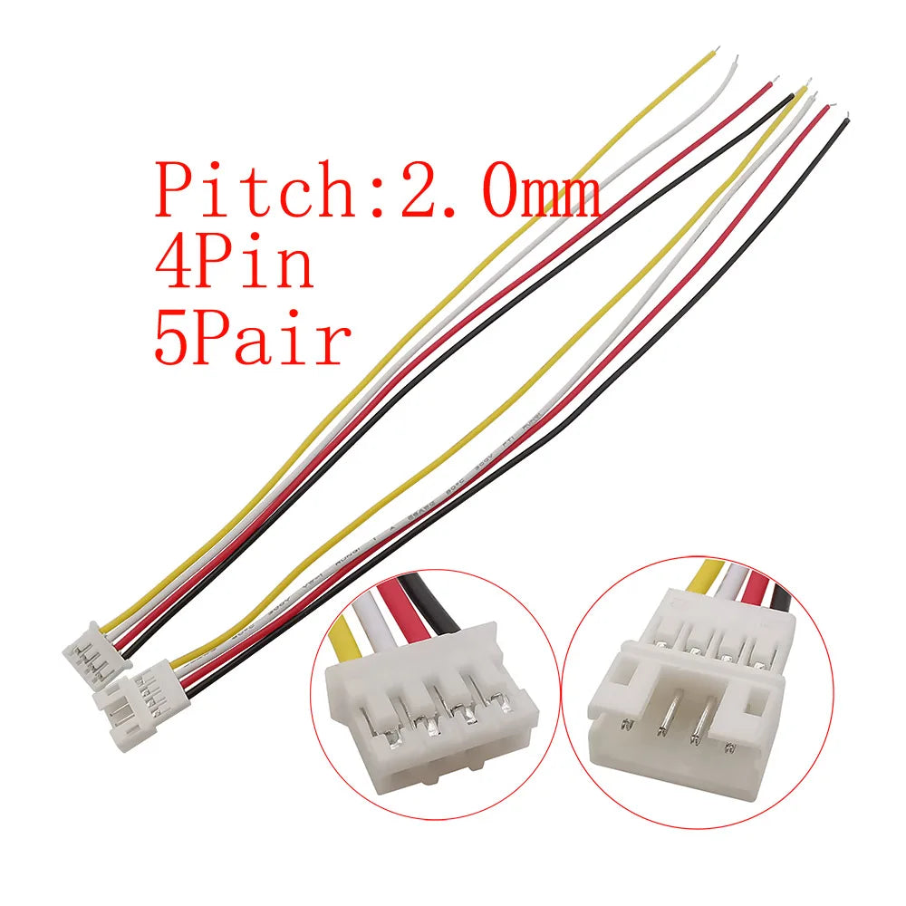 10Pcs JST PH 2.0mm Connector 2–6 Pin Male Female 26AWG Cables Wire Connector Set Richie's 5Pair 4Pin-JK