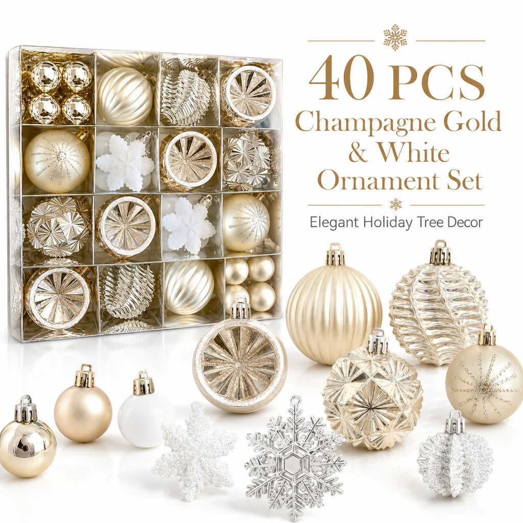 40-Piece Champagne Gold & White Christmas Ornament Set Christmas Ornament Set Richie's