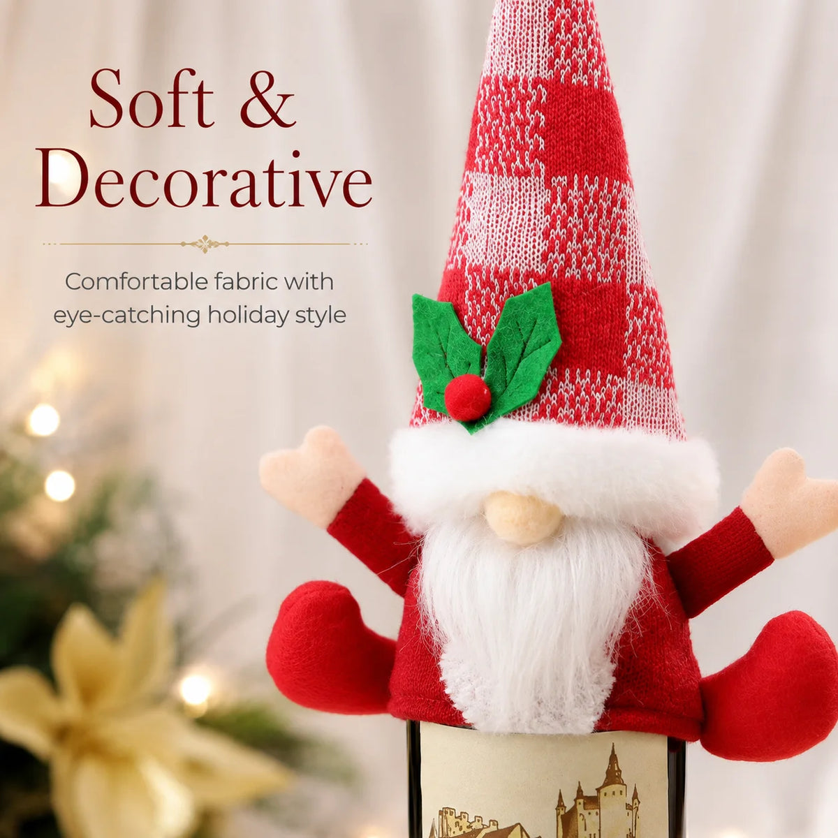 Christmas Gnome Knit Wine Bottle Cover | Holly Berry Xmas Decor Wine Bottle Cover Richie's