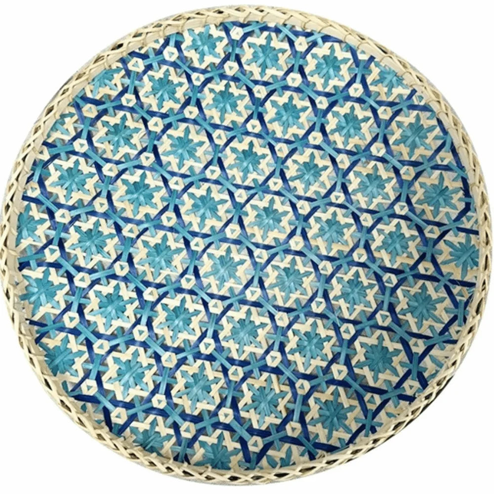 Bohemian Bamboo Woven Fruit Basket – Handwoven Round Tray Bamboo Woven Basket Richie's Blue 35cm