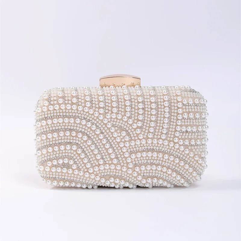 Ladies Pearl Beaded Evening Clutch Bag with Long Chain Evening Clutch Bag Richie's Gold