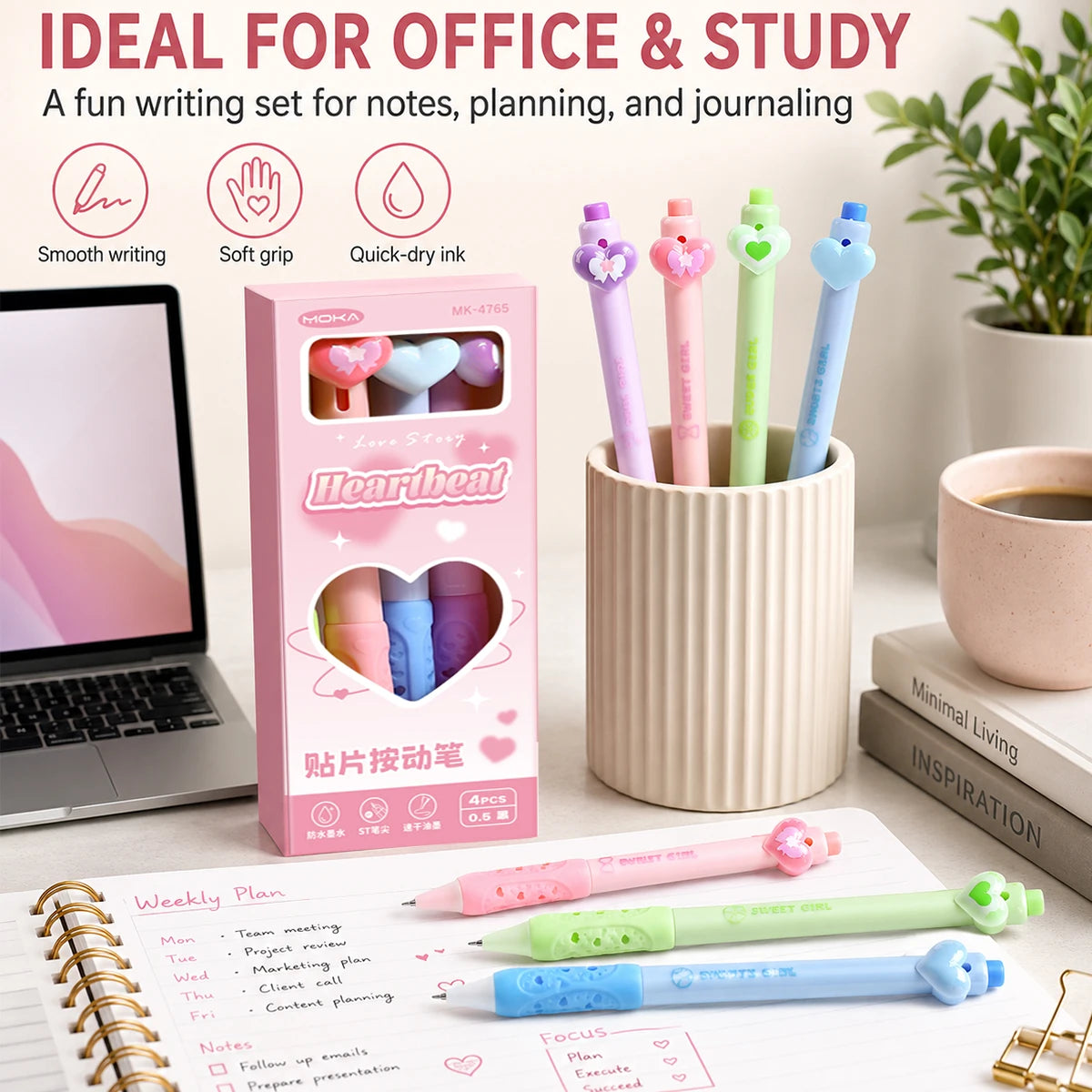 Kawaii Heart Gel Pens 4 Pack – Pastel Black Ink, Retractable Gel Pen Set Richie's