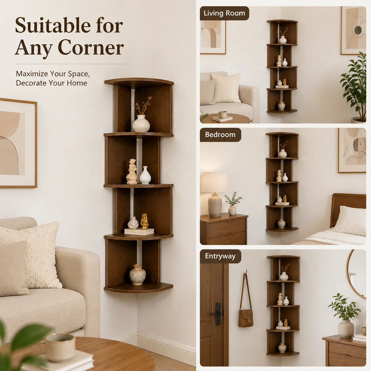 Walnut 5-Tier Floating Corner Shelf – Wall Mount Storage Floating Corner Shelf Richie's