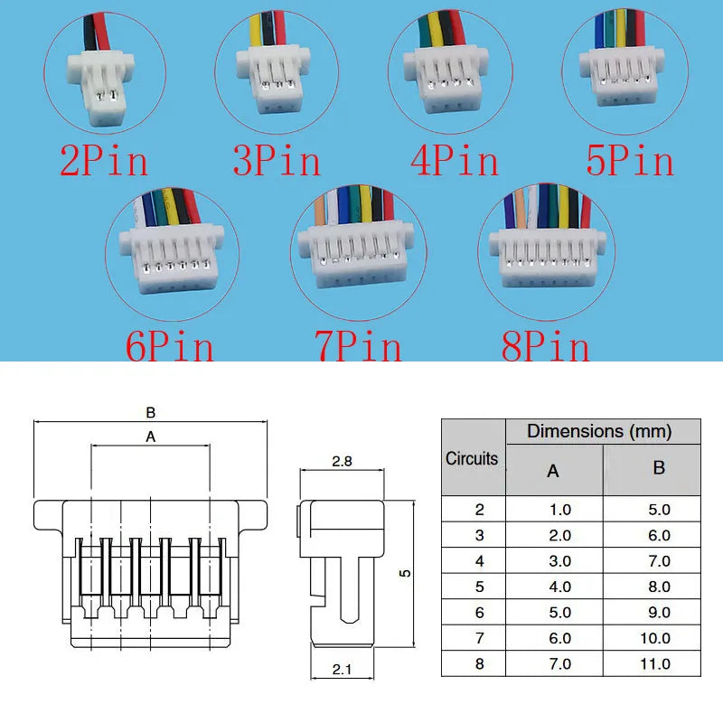 10Pcs JST SH 1.0mm Pitch 2–8 Pin Female Wire Connectors 10cm Wire Connector Richie's