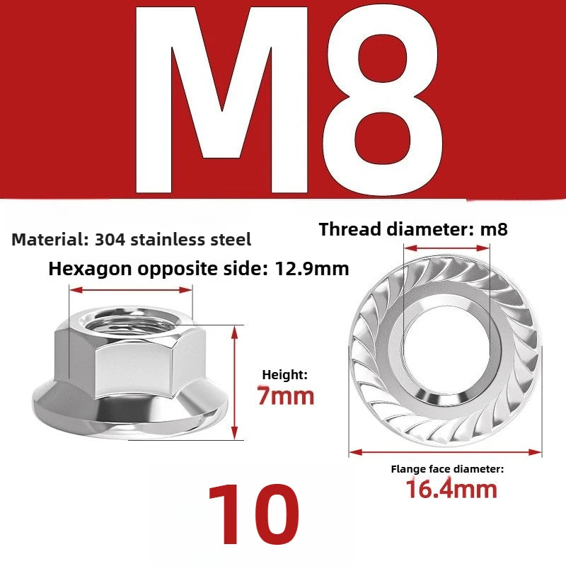 304 SS Hex Flange Nuts M3–M8 Anti-Loosening Serrated Hex Flange Nuts Richie's 304 M8 10pcs