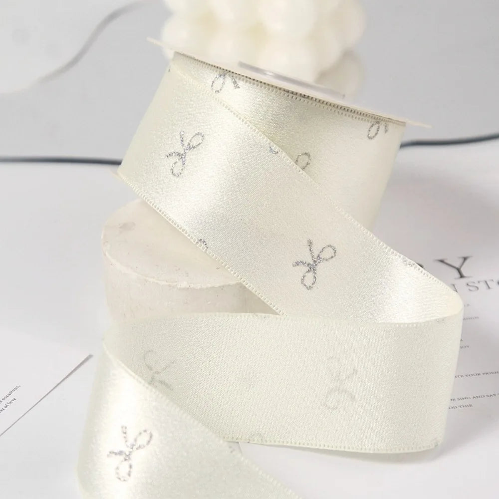 Silver Foil Bow Print Ribbon 40mm 10 Yards – Gift Wrapping Craft Ribbon Richie's Beige 4cm