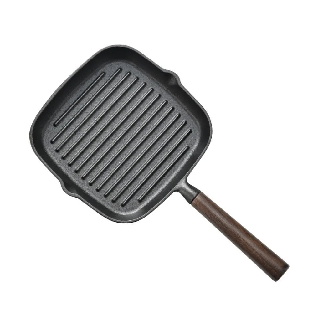 Cast Iron Steak Skillet Wooden Handle Raised Stripe 20cm Pan Cast Iron Skillet Richie's Black