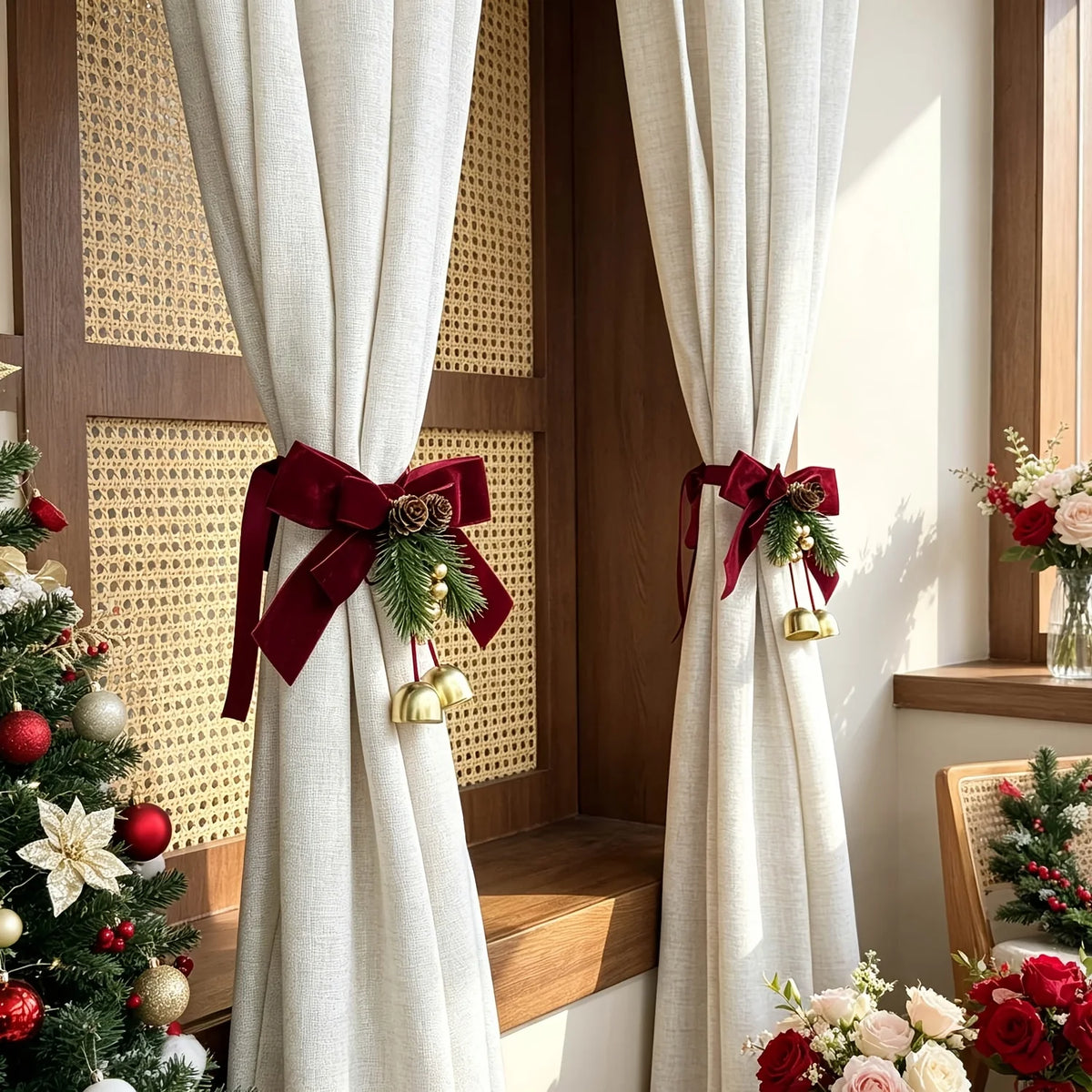 Christmas Curtain Tie-Backs Red Bow Pinecone Golden Bell Curtain Tie-Backs Richie's