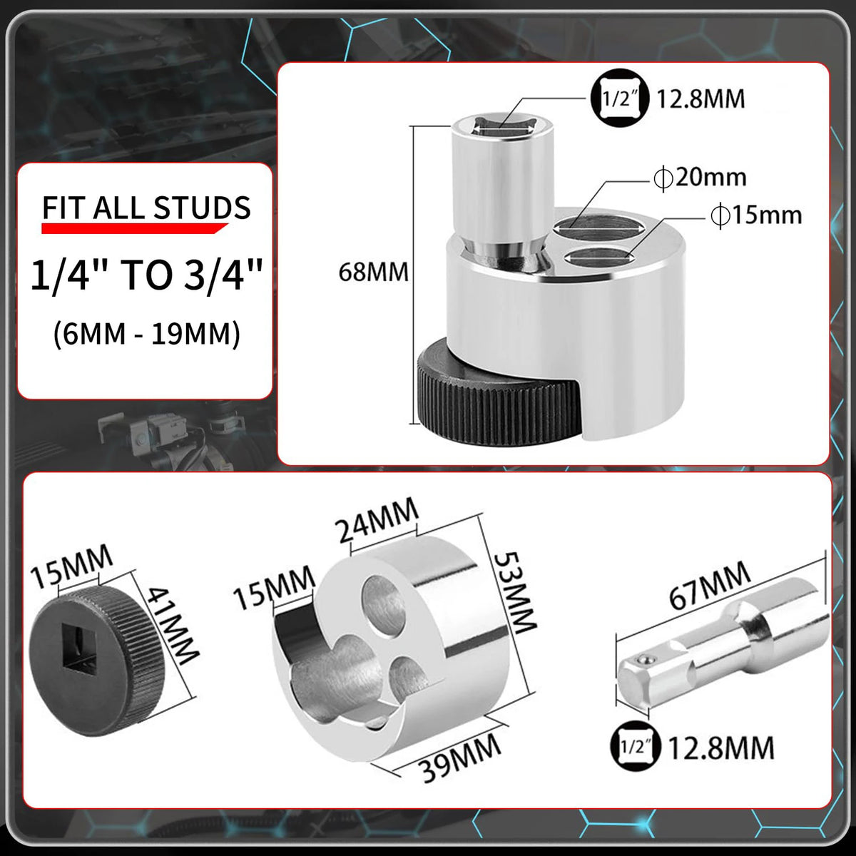 1/2" Drive Stud Remover Cam Lock Extractor 1/4"–3/4" Stud Extractor Tool Richie's