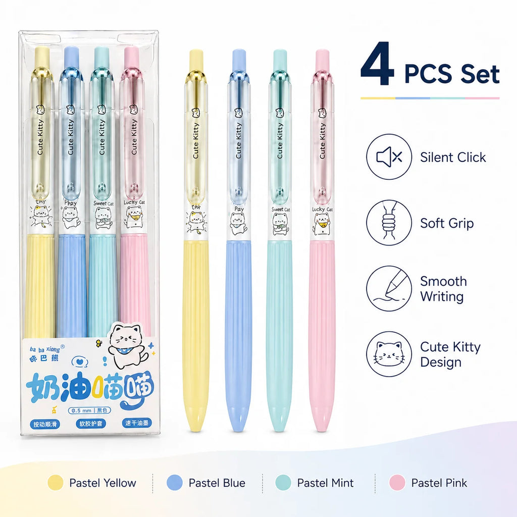Silent Click Retractable Gel Pens 4-Pack | 0.5mm Black Ink Gel Ink Pens Richie's