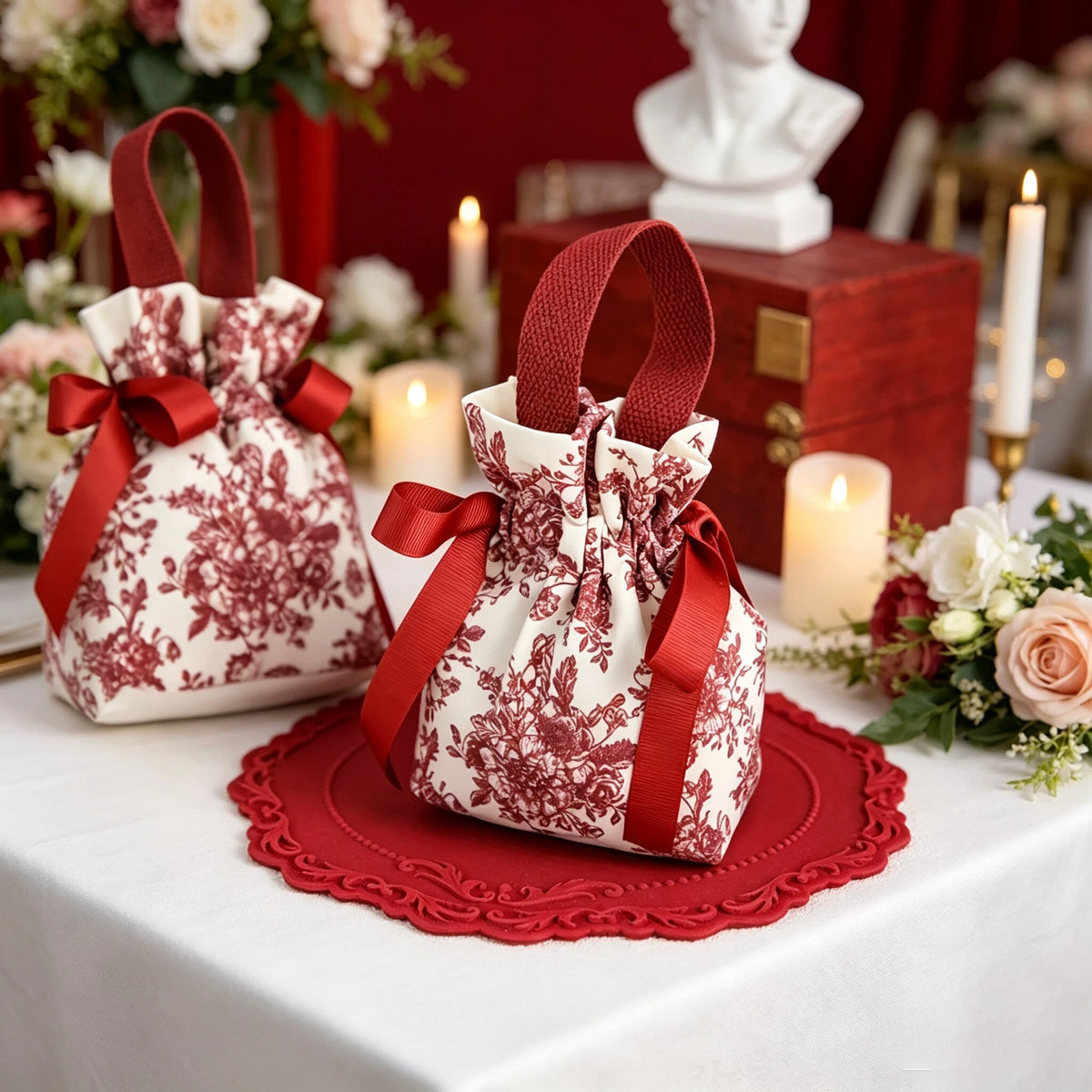 5pcs Red Velvet Drawstring Gift Bags Floral Ribbon Bow | Canvas Velvet Gift Bags Richie's