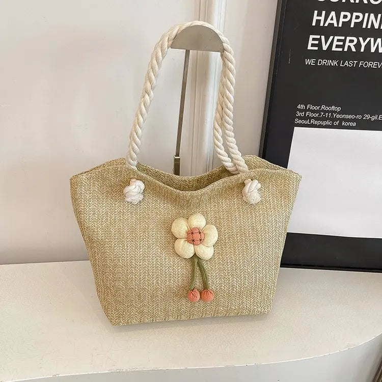 Women's Straw Woven Shoulder Bag – Flower Embroidery Beach Tote Straw Shoulder Bag Richie's Khaki