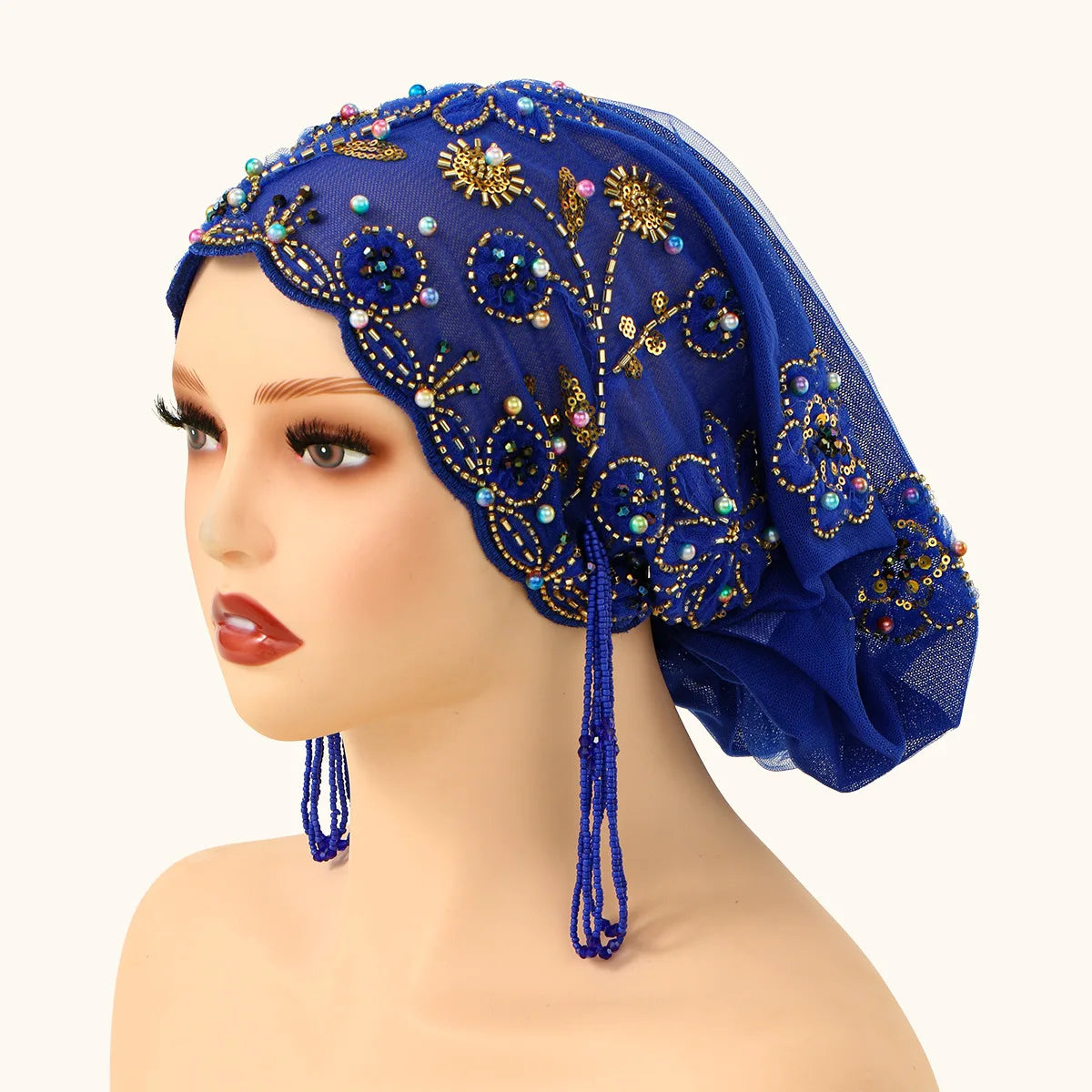 Muslim Pearl Lace Inner Cap – Elastic Islamic Headwear for Women Islamic Inner Cap Richie's MSL214-3dark blue