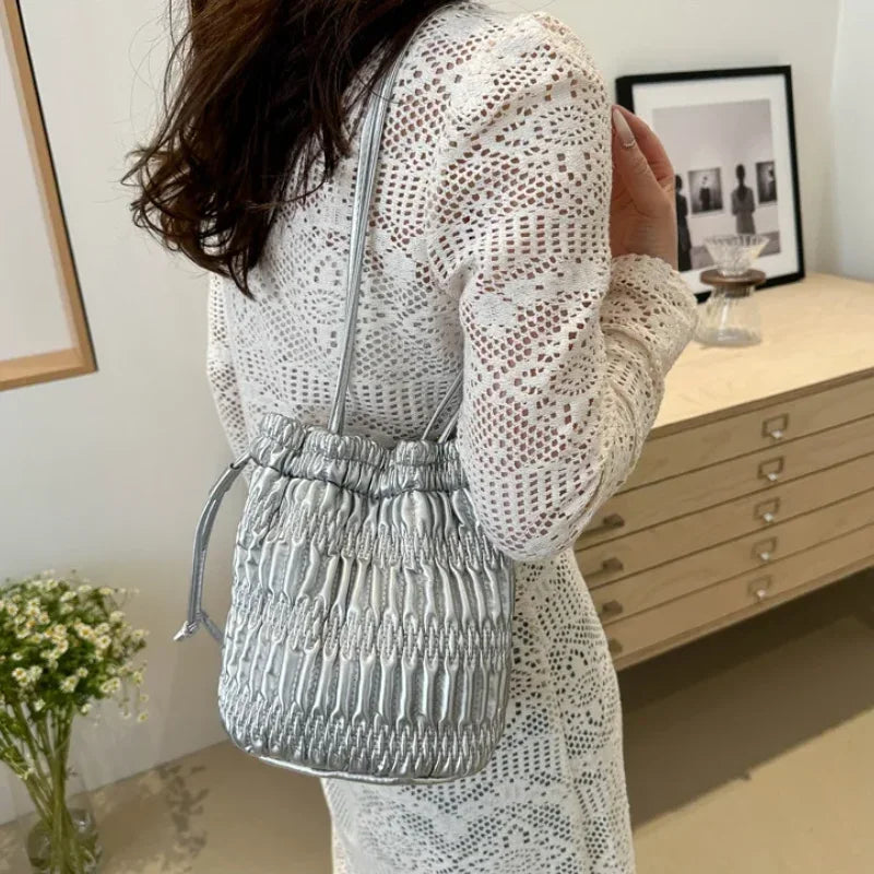 Silver Pleated Drawstring Bucket Bag – Soft PU Leather Purse Shoulder Bucket Bag Richie's
