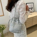 Silver Pleated Drawstring Bucket Bag – Soft PU Leather Purse Shoulder Bucket Bag Richie's