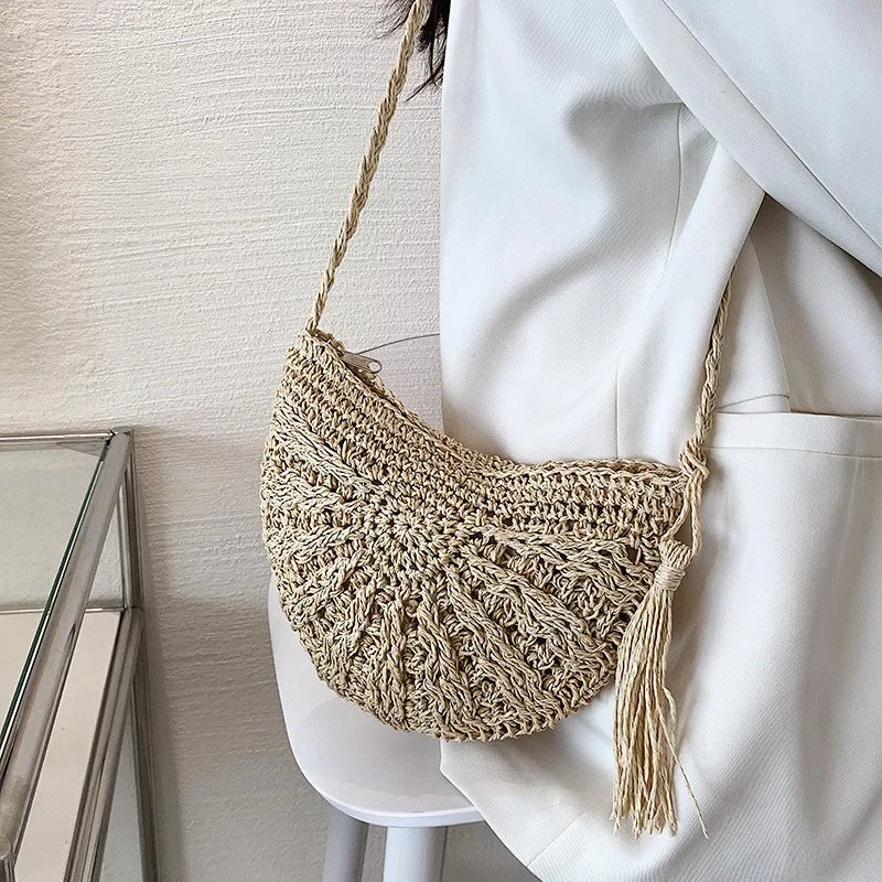 Handmade Straw Woven Semicircle Crossbody Bag | Boho Beach Bag Woven Crossbody Bag Richie's