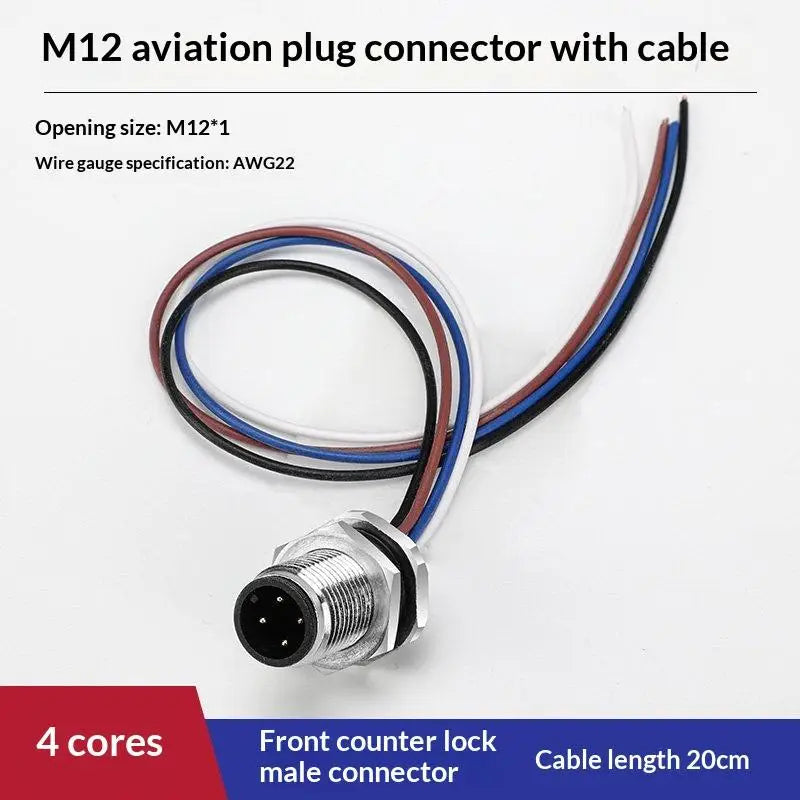 M12 IP67 Waterproof Connector 4/5/8 Pin Panel Socket 22AWG Wire Industrial Connector Richie's Front 4P M 20cm