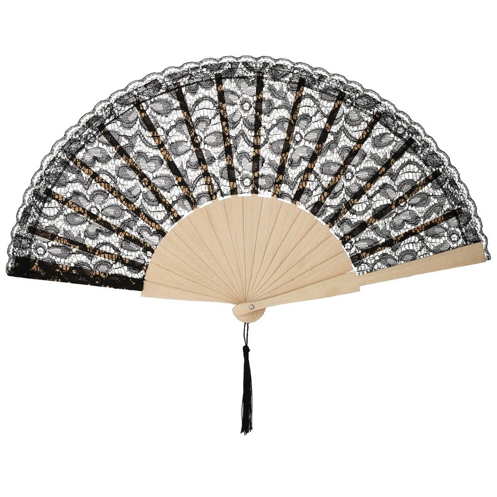 Vintage Chinese Folding Fan Lace Flower Tassel Pendant Wood Folding Hand Fan Richie's Black
