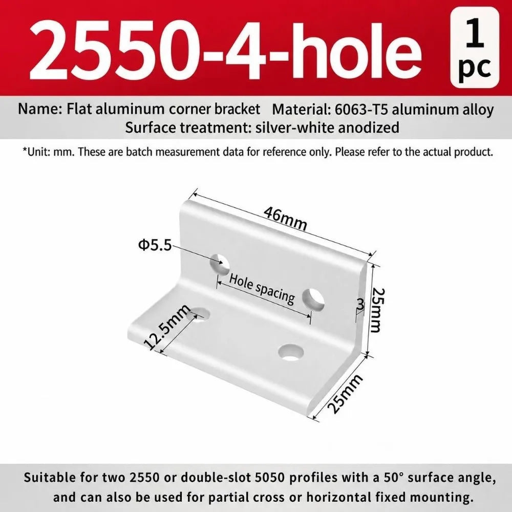90° Aluminum Angle Bracket – Flat Corner Joint for Frames Corner Angle Bracket Richie's 2550-4Hole Silver