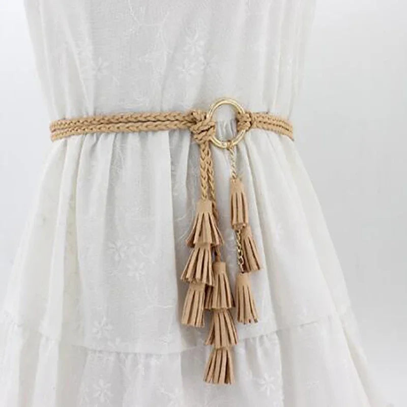 Women's Boho Braided Tassel Belt – Knit Waist Rope for Dresses Braided Waist Belt Richie's Khaki