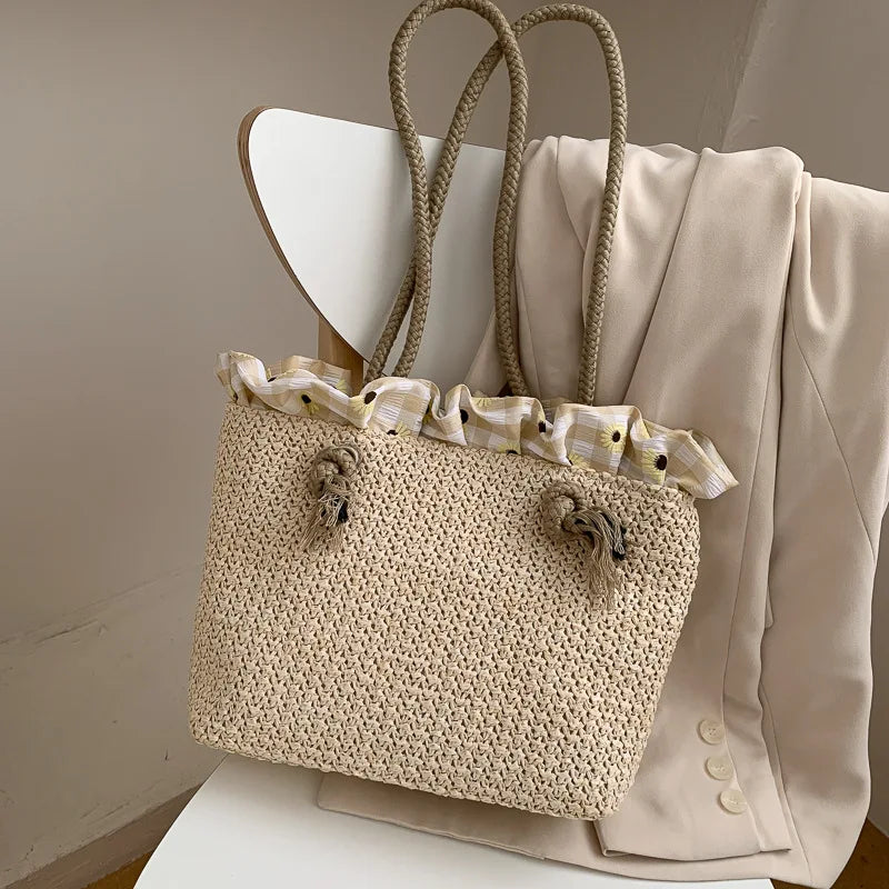 Women's Woven Straw Shoulder Bag – Large Capacity Summer Tote Woven Shoulder Bag Richie's White
