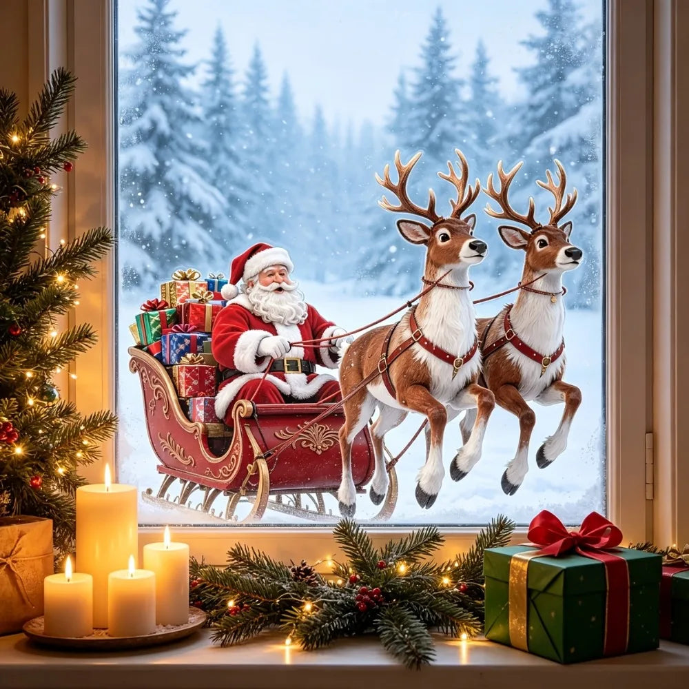 Santa Reindeer Sleigh Christmas Static Window Clings – Glue-Free Christmas Window Clings Richie's