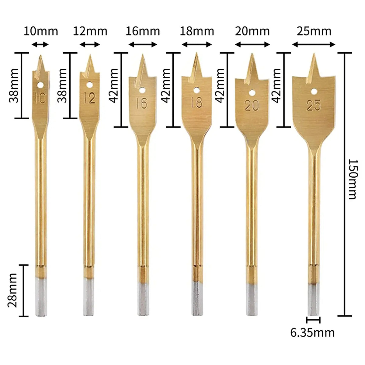 6-Piece Titanium Spade Drill Bit Set 10–25mm Woodworking Spade Drill Bit Set Richie's