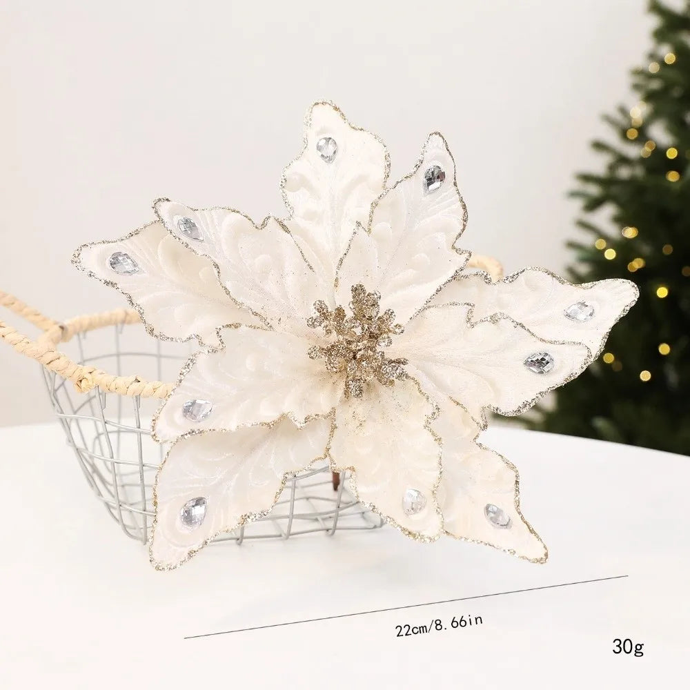 Glitter Poinsettia Artificial Christmas Flower 22cm Decoration Christmas Artificial Flower Richie's White