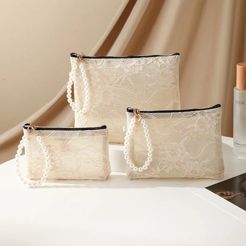 Lace Cosmetic Pouch with Pearl Chain – Women's Makeup Bag Cosmetic Makeup Bag Richie's S-11X16X3CM-beige