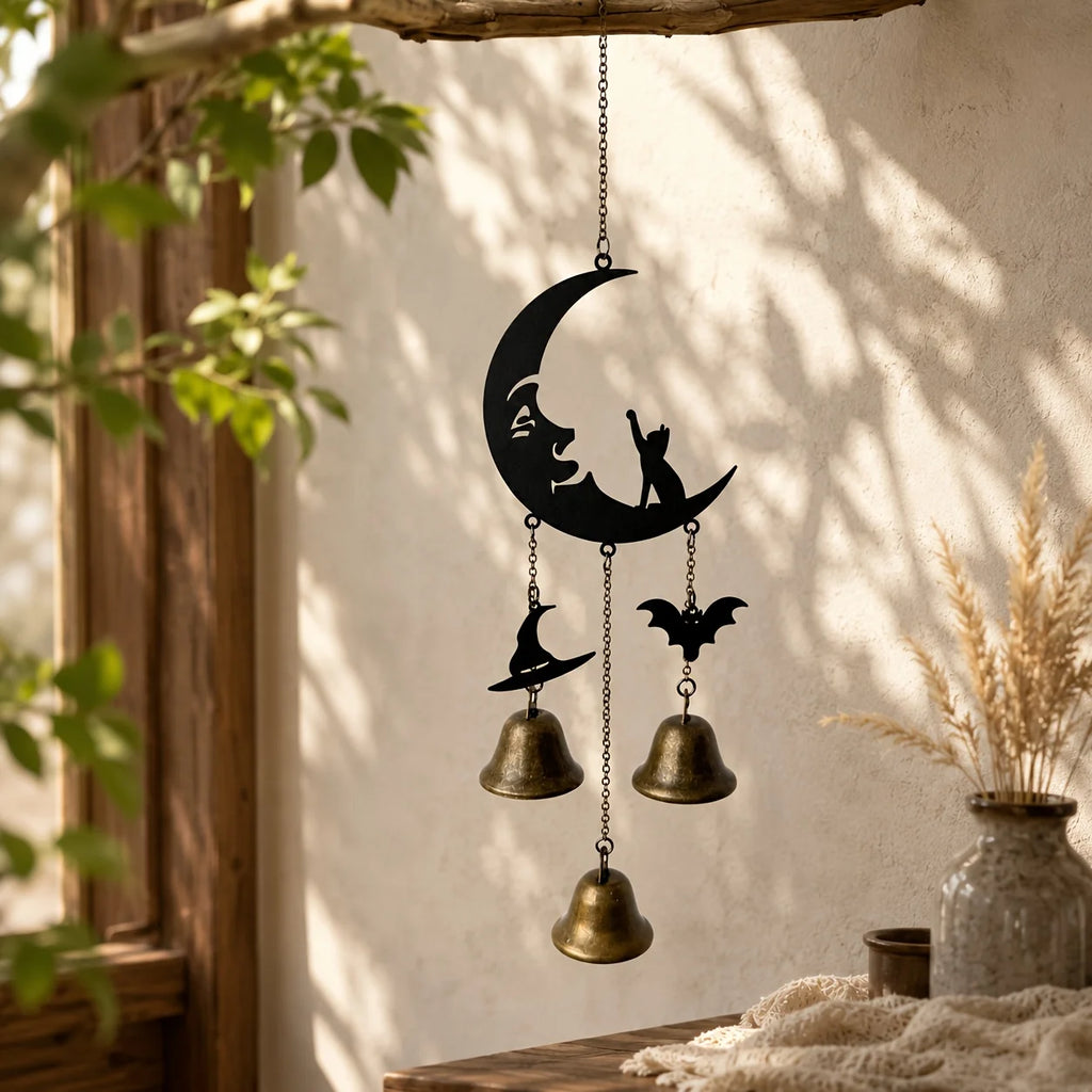 Gothic Moon Cat Metal Wind Chime – Halloween Bat & Witch Hat Décor Gothic Wind Chime Richie's