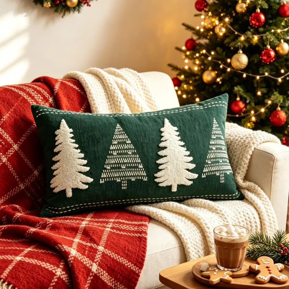 Chenille Christmas Tree Pillow Cover – Embroidered Holiday Cushion Throw Pillow Cover Richie's D