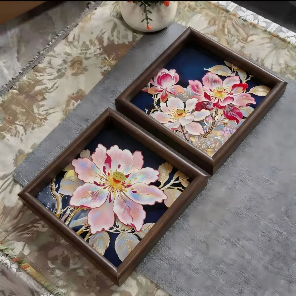 Wooden Lotus Floral Decorative Tray 20cm Square Set of 2 Decorative Wood Tray Richie's A