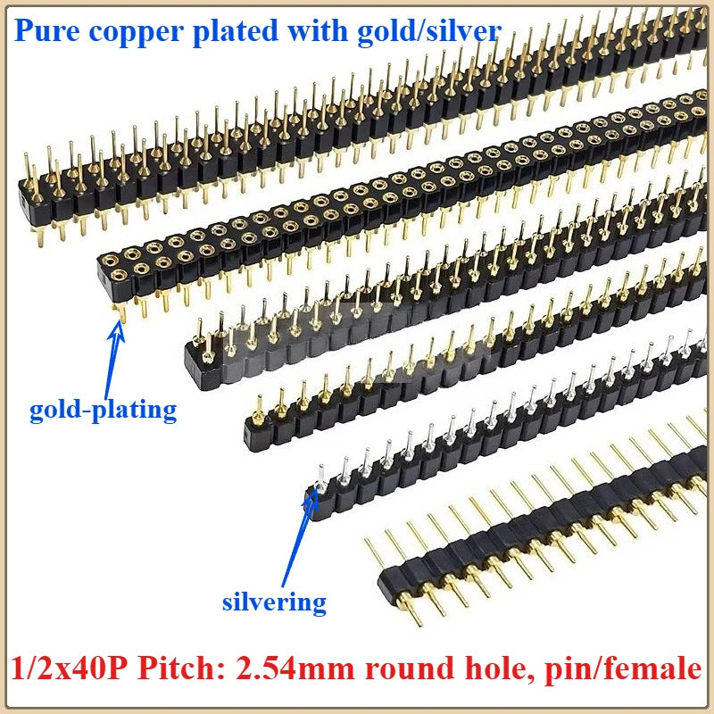 5 Pcs Gold Plated Pin Header 2.54mm Pitch Single/Double Row PCB Pin Header Richie's