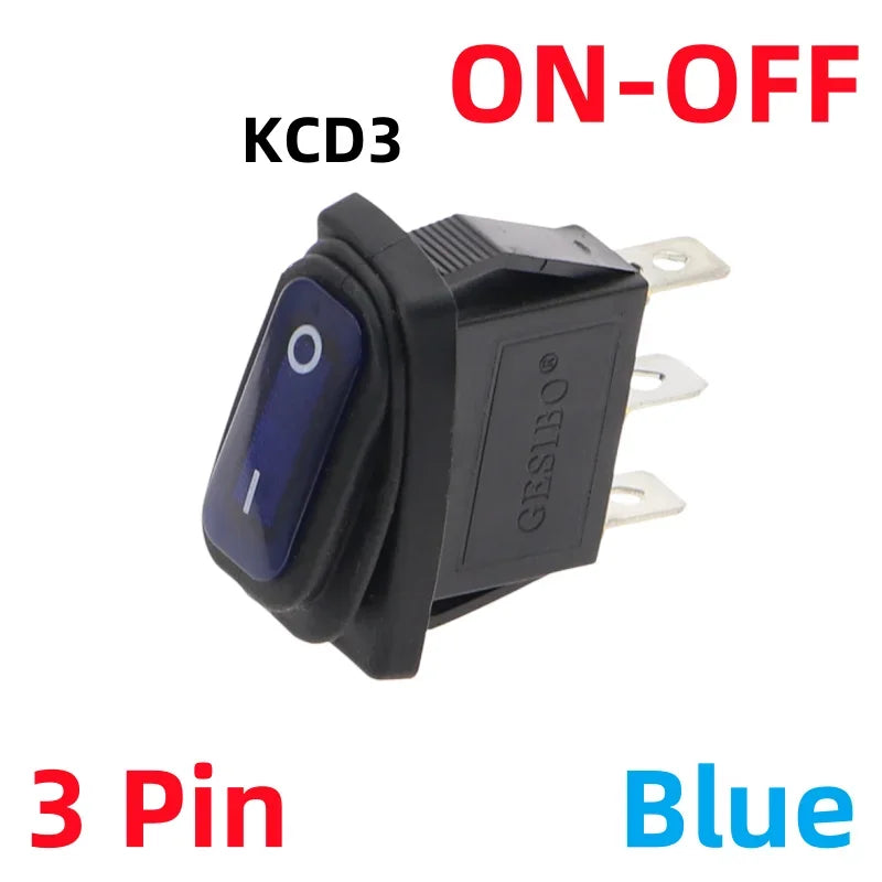 KCD3 Waterproof Rocker Switch 3-Pin ON-OFF 15A 250VAC LED Rocker Switch Richie's 2D3P-Blue No Light (ON-ON)