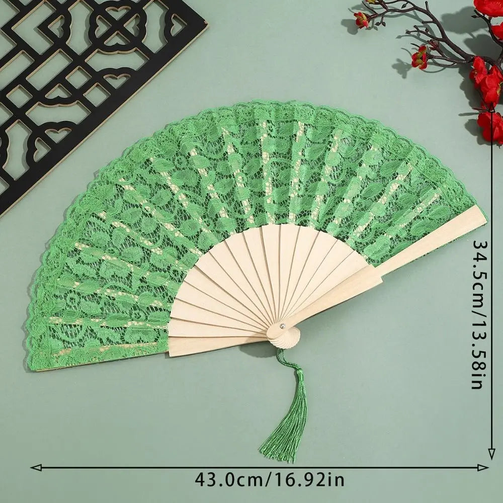 Vintage Chinese Folding Fan Lace Flower Tassel Pendant Wood Folding Hand Fan Richie's