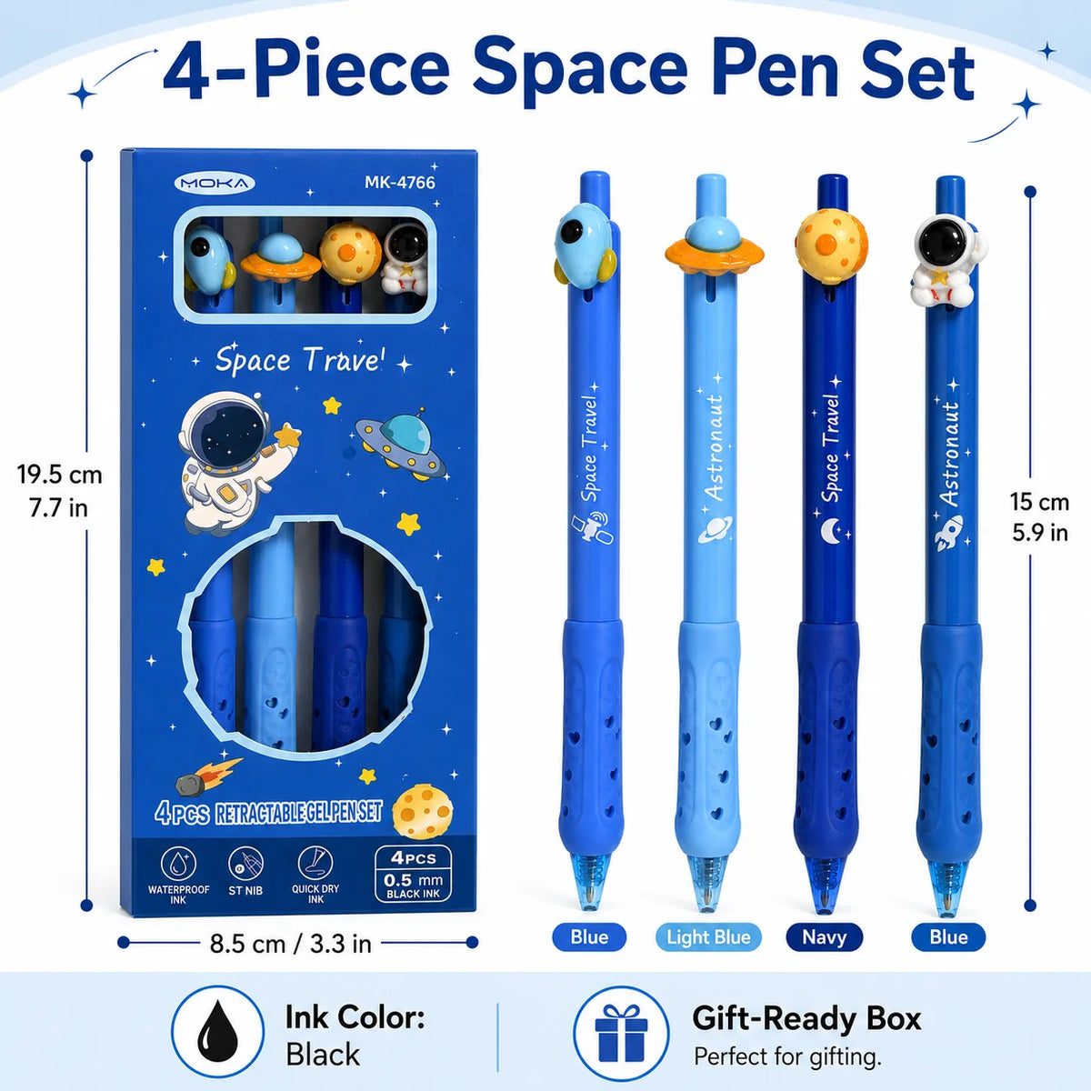 4-Pack Space Astronaut Topper Retractable Gel Pens 0.5mm Black Ink Retractable Gel Pens Richie's