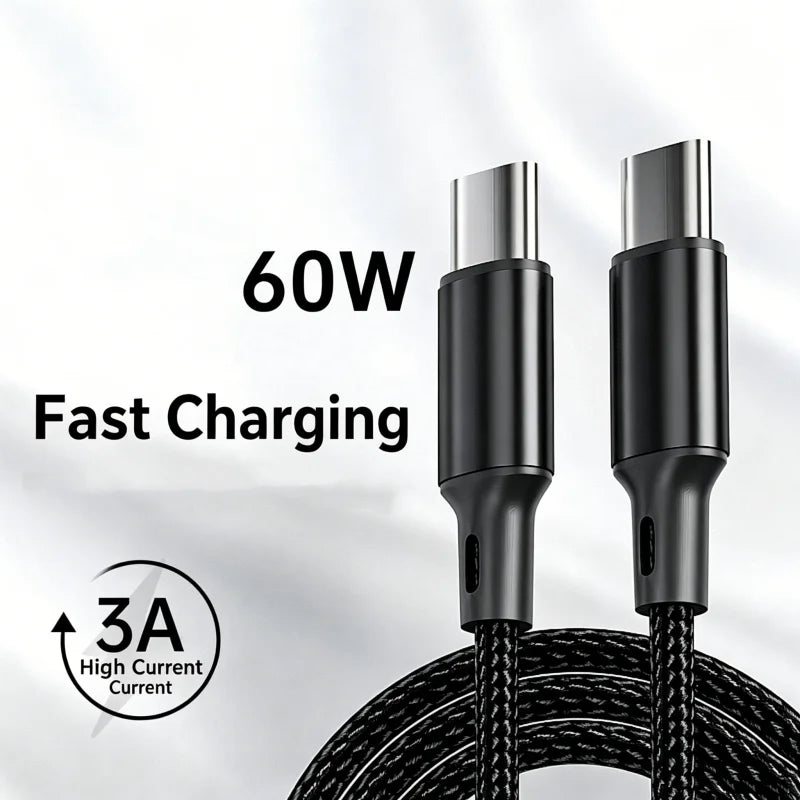 USB-C to USB-C Cable 60W 3A Fast Charging Nylon Braided 1m–2m USB-C Charging Cable Richie's