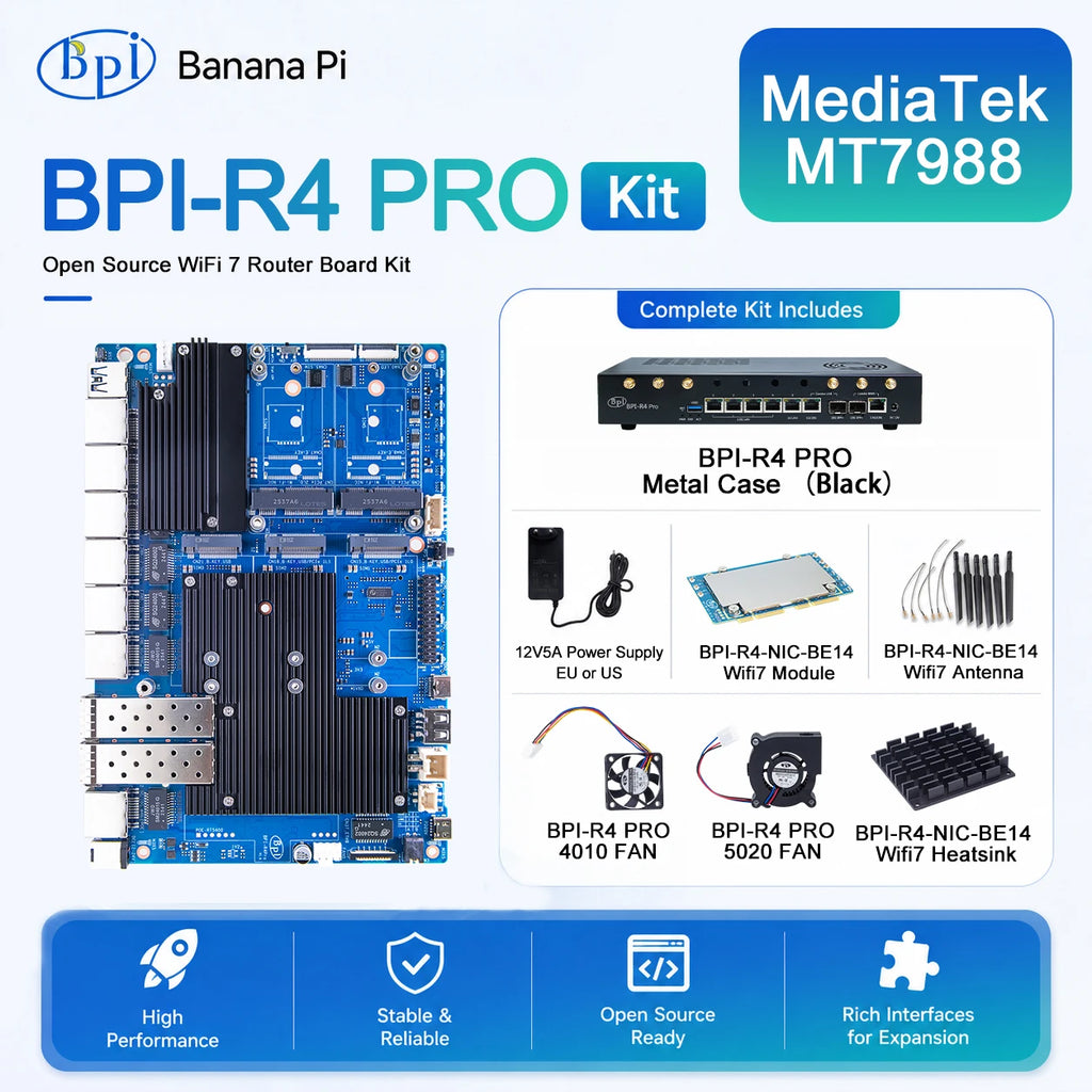 Banana Pi BPI-R4 PRO Router Board Set MT7988A Wi-Fi 7 8GB Router Board Kit Richie's US Power 4GB RAM SET 4